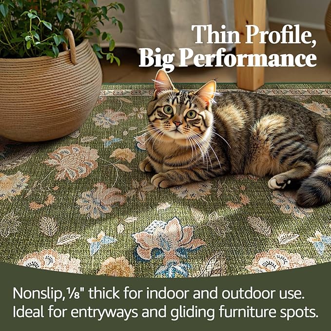 jinchan Floral Corner Rug for Living Room Washable Bedroom Rug Vintage Romance Design Non Slip Quarter Circle Lightweight Low-Pile Throw Carpet for Reading Nook Playroom,6ft Radius, Green