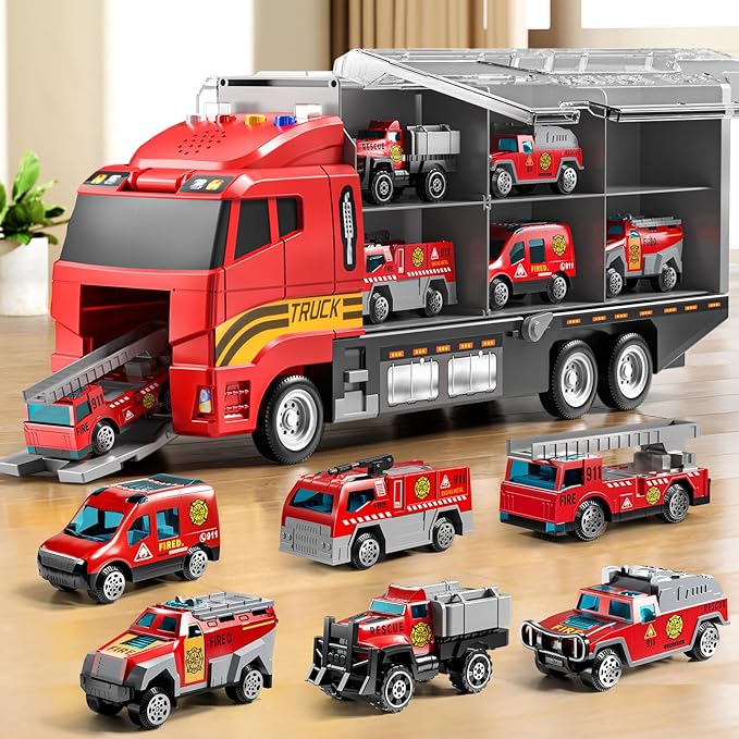 Toddler Boys Toys for 3-5 Years Old, Fire Truck Vehicle Set with Play Mat and Die-Cast Toy Car, Transport Carrier Truck for Kids 3-5, Birthday Gifts Toys for 3-8+ Year Old Boys