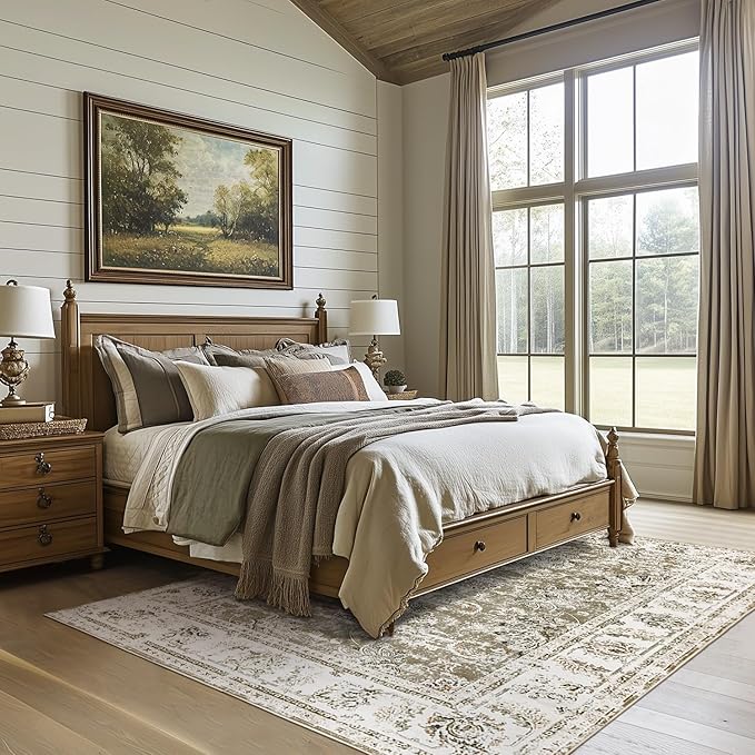 jinchan Vintage Floral 5x7 Area Rugs for Bedroom - Machine Washable Distressed Design Stain Resistant Boho Carpet Ultra-Thin Low Pile Non-Slip Rug for Living Room Dining Room Kitchen (5‘x7',Taupe)