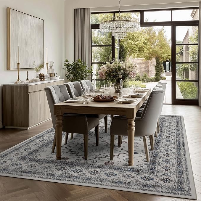 Washable Rugs 5x7 Area Rugs for Living Room, Thin carpet for Bedroom, Soft Faux Wool Retro Dining Room Rug，Non Slip&Non-Shedding Resistant Low Pile Vintage Print Rug for Home Office (White Cream/Gray)