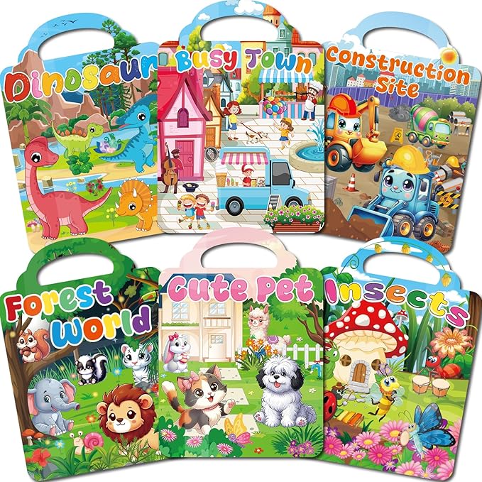 6 Set Reusable Sticker Books for Toddlers 2-4,1-3, Kids 3D Puffy Stickers (Dinosaurs, Forest, Town, Pets, Construction, Insects), Sticker Activity Books