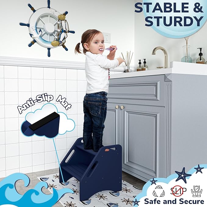 AMBIRD Wooden Step Stool, Two Step Stools Toddler 300 lbs Capacity with Safety Non-Slip Pads and Handles, Bamboo Step Stool for Bathroom, Kitchen Dual Height Step Stools for Kids (Navy Blue)