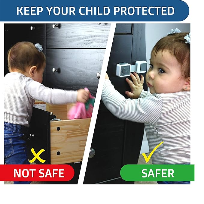 Child Safety Locks (4-Pack) - Baby Proof Cabinets, Drawers, Toilets & Appliances- Adjustable Strap Length, Double Lock Option - Easy Latch for Adults to Open