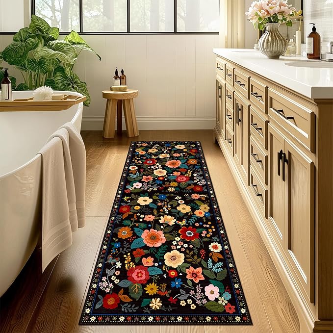 Floral 2x8 Area Rug Machine Washable Soft Print Boho Carpet Non Slip Doormat Low Pile Flower Area Rugs for Living Room Bedroom Nursery Kitchen Dining Room Indoor-Black