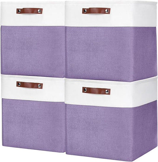 13x13 Cube Storage Bins, Collapsible Fabric Storage Box, 4 Pack Closet Baskets with Handles for Organizing, Shelf, Toys, Clothes, Home, Office, Nursery (Purple&White)