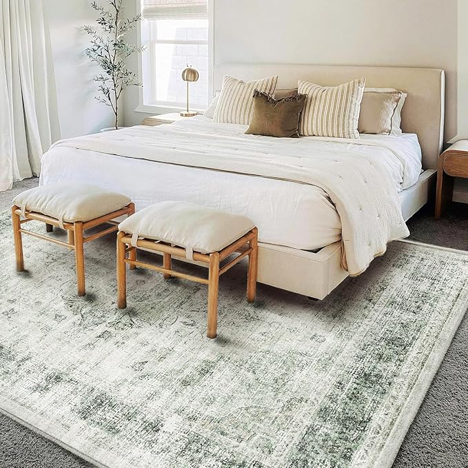 Washable Area Rug 10'x14' Floral Green Boho Design Non-Shedding Easy Care Ideal for High Traffic Areas in Living Room Bedroom Office Coffee Table Kitchen Large Carpet