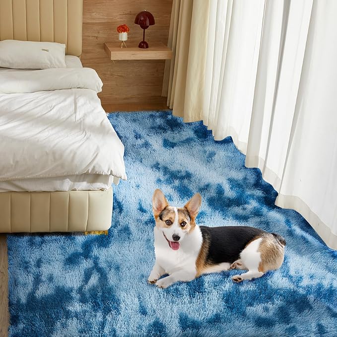 Ultra Soft Rug for Living Room, 6X9 Fluffy Shag Area Rug for Bedroom, Modern Shaggy Carpets Fuzzy Rug for Teens Dorm Nursery Home Decor Aesthetic, Upgrade Anti-Skid Durable, Tie-Dyed Blue Grey