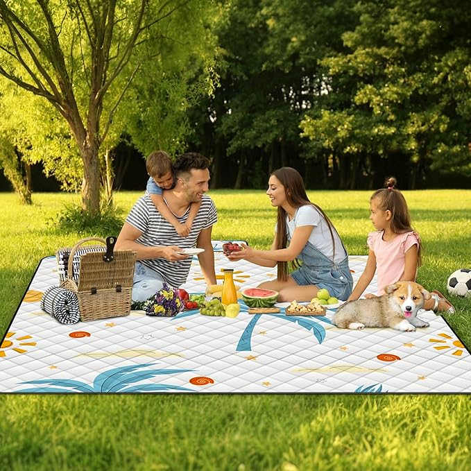 Extra Large Picnic Blanket Waterproof,80"x 80"Foldable Machine Washable Beach Blanket,Outdoor Blanket for 6-8 Adults,Suitable for Indoor Crawling,Park Beach,Camping,Hiking,Family Travel(Island)