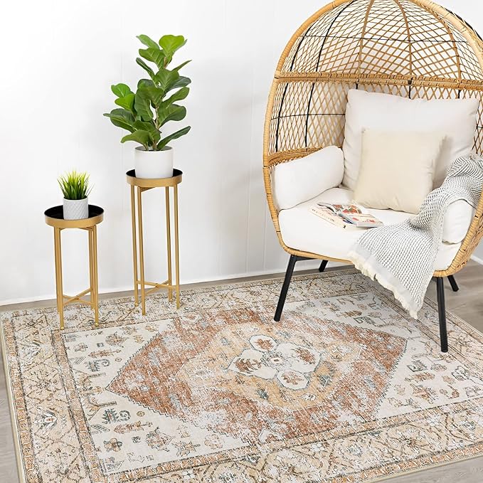 Lahome Boho Washable Living Room Area Rug 3x5 Throw Non-Slip Rugs for Bedroom Aesthetic Lightweight Thin Entry Rug Kitchen Rugs Oriental Distressed Print Capet for Office Bathroom Laundry Room
