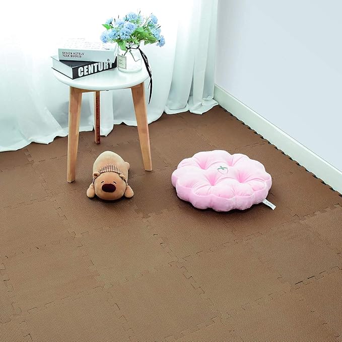 qqpp EVA Rubber 18 Tiles Interlocking Puzzle Foam Floor Mats - Baby Play Mat for Playing | Exercise Mat for Home Workout. Brown. QC-Fb18N