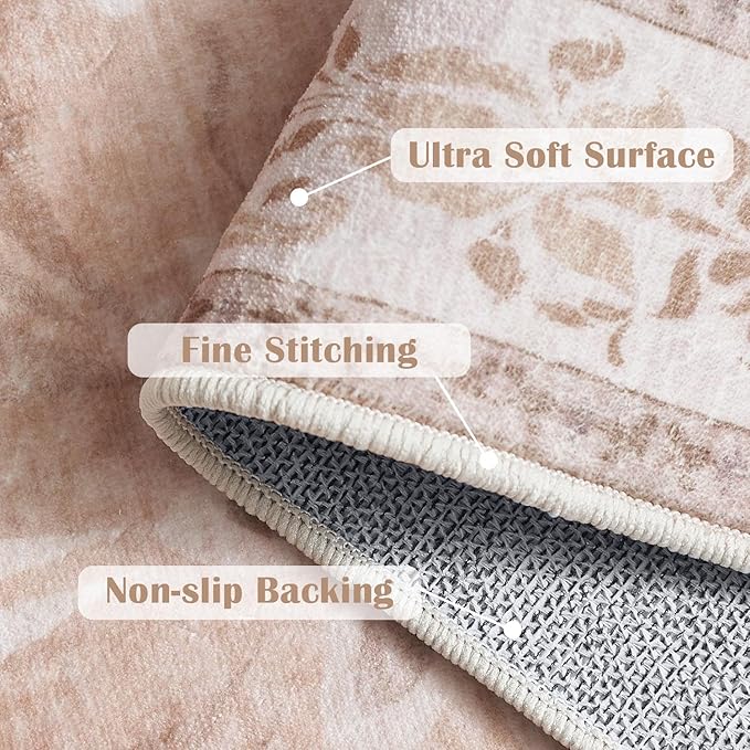 jinchan Vintage Floral 3x5 Area Rugs for Entryway - Machine Washable Distressed Design Ultra-Thin Low-Pile Soft Non-Shedding Carpet for Kitchen Bedroom Entrance Laundry Living Room (3x5ft,Coral Pink)