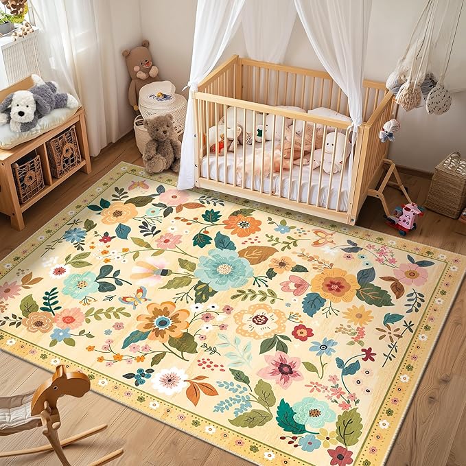 Floral 8x10 Area Rug Machine Washable Soft Print Boho Carpet Non Slip Doormat Low Pile Flower Area Rugs for Living Room Bedroom Nursery Kitchen Dining Room Indoor-Ivory/Yellow