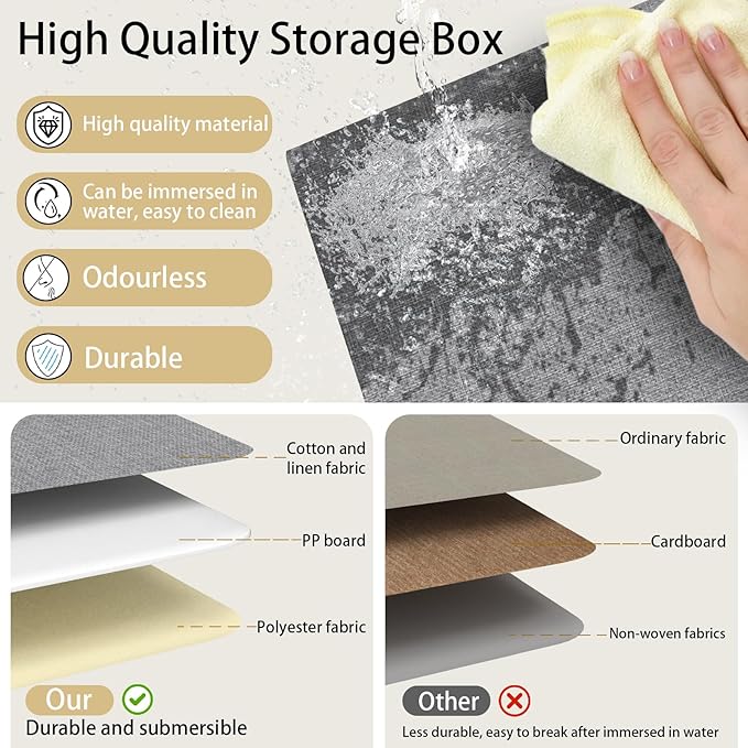 Yawinhe Storage Bins with Lids, Fabric Foldable Boxes, Washable and Leather Handle, Cube Organizer Basket for Home, Closet, White/Grey, 17.7''Lx11.8''Wx11.8''H, 7-Pack, USNK024WGX-7