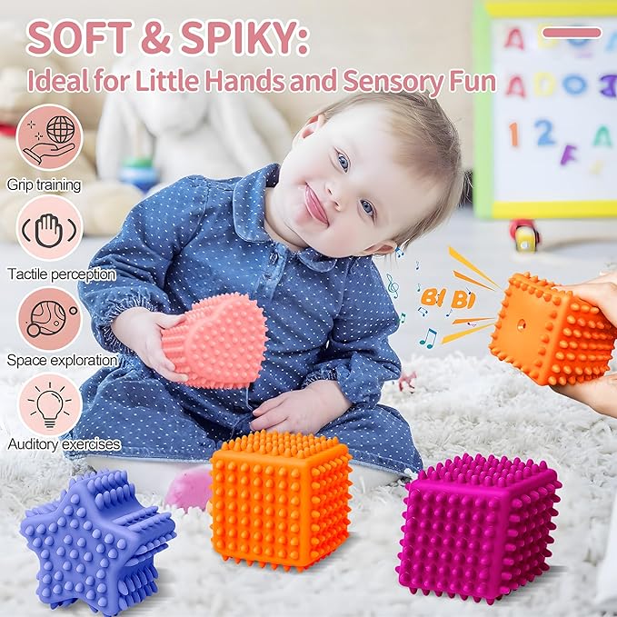 Soft Spiky Sensory Balls - Montessori Toys Baby Balls 6 to 12 Months Textured Geometric Shapes for Babies' Sensory Development,Massage Sensory Ball for Toddlers 1-3 Bright Colors Easter Gifts