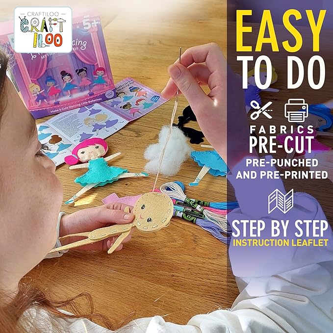 CRAFTILOO Ballerina Dancers Sewing Kit for Kids, Fun and Educational Craft Set for Boys and Girls Age 5-12, Sew Your Own Felt Ballerina Craft Kit for Beginners (Ballerina Kit)