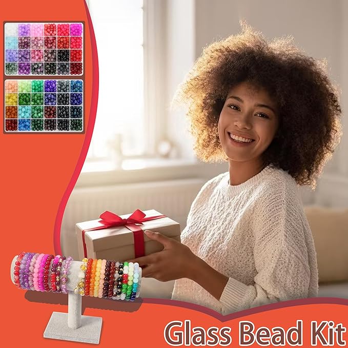JULIMAIDONG 8mm Glass Beads for Bracelets 2100pcs, 48 Colors Round Crystal Glass Bracelet Making Kit for Jewelry Making Kits Bead DIY Crafts with Spacer Charms Accessories (48Color(Solid+Printing)