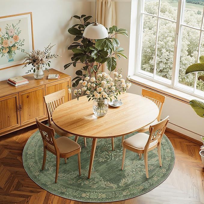 jinchan Round Rug 6ft Area Rugs Vintage Floral Distressed Design,Machine Washable Soft Non-Slip Low-Pile Ultra-Thin Circle Rug for Bedside Living Room Dining Room Bedroom (6' Round, Dark Green)