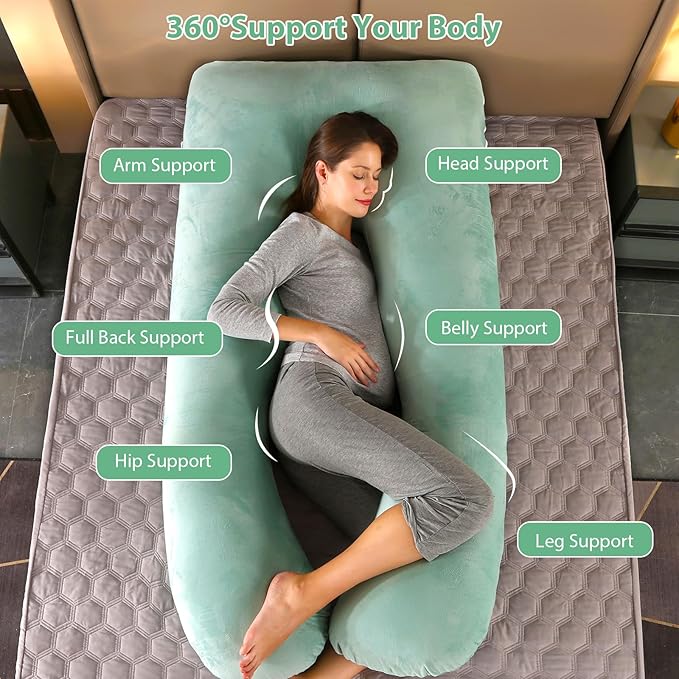 Amagoing 55 inches Pregnancy Pillows for Sleeping, U Shaped Maternity Full Body Pillow for Pregnant Women with Hip, Leg, Back, Belly Support, Washable Velvet Cover Included (Mint Green)