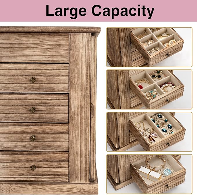 Jewelry Box for Women, 5 Layer Large Wood Boxes & Organizers for Necklaces Earrings Rings Bracelets, Rustic Organizer with Drawers and Mirror(Carbonized Black)