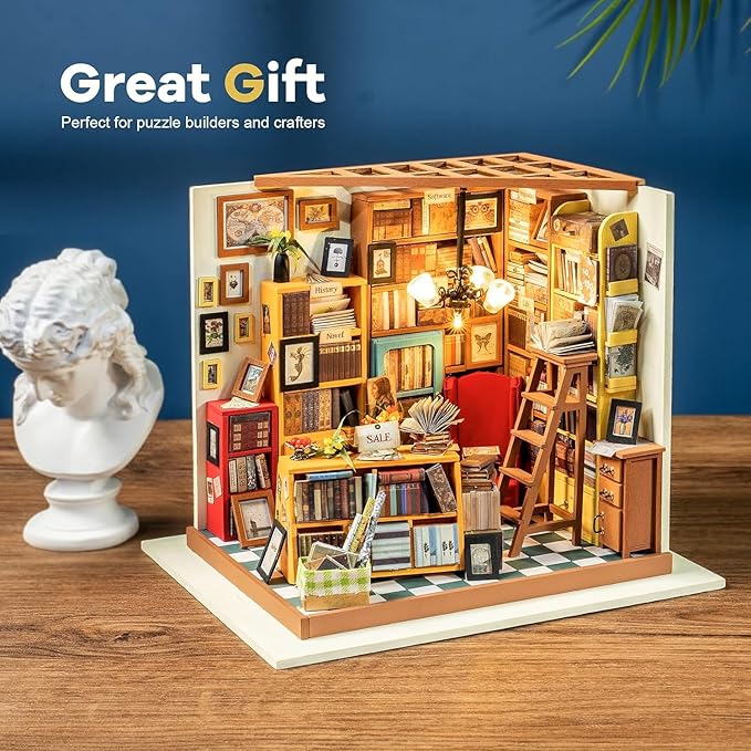 Rolife DIY Miniature House Kit Sam's Study, Tiny House Kit for Adults to Build, Mini House Making Kit with Furnitures, Halloween/Christmas Decorations/Gifts for Family and Friends (Sam's Bookstore)