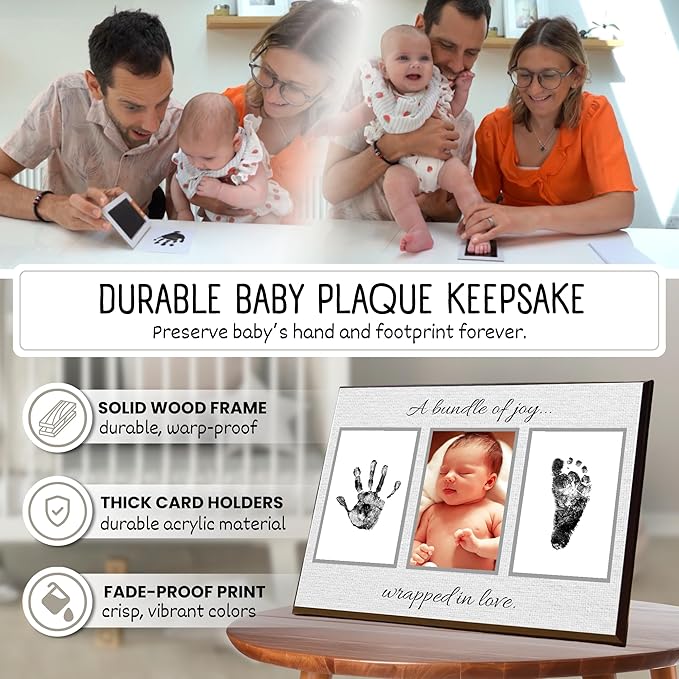 Baby Hand and Footprint Kit with Photo & Birth Details, Inkless Hand and Footprint Kit, Newborn Keepsake Plaque, Baby Shower Gifts (STYLE 2 (Baby Shower) (A Bundle Of Joy))