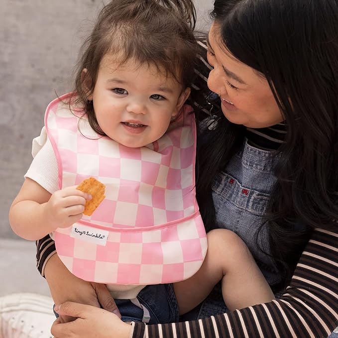 Tiny Twinkle Mess Proof Baby Bibs for Eating - Waterproof, Wipeable Bibs - Toddler Bibs - Travel Friendly - PFAS, PVC, BPA, Phthalate Free - Baby Food Bibs(3 Pack,Checkers Girl)