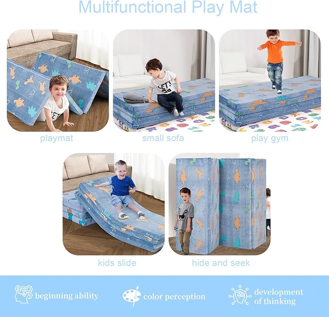 MeMoreCool Kids Floor Futon Mattress Large 6x4 FT, Thicken Foam Tatami Mattress for Children Play Area, Foldable Sleeping Pad Crawling Tatami Mat for Playroom, Dinosaur