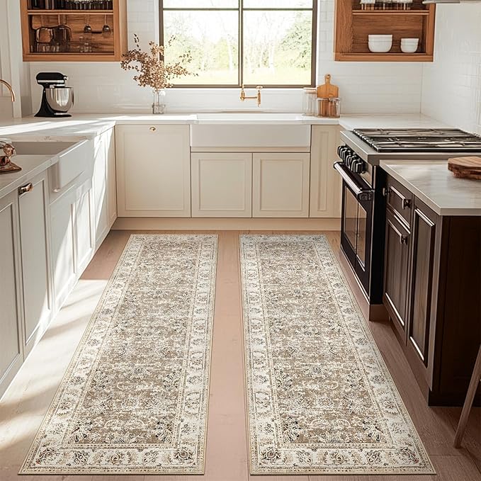 jinchan Runner Rug 3x10-2pcs Kitchen Washable Vintage Hallway Rug Floral Print Floor Cover Indoor Thin Retro Mat Accent for Bathroom Laundry Room Bedroom Office Farmhouse (Double,Taupe)