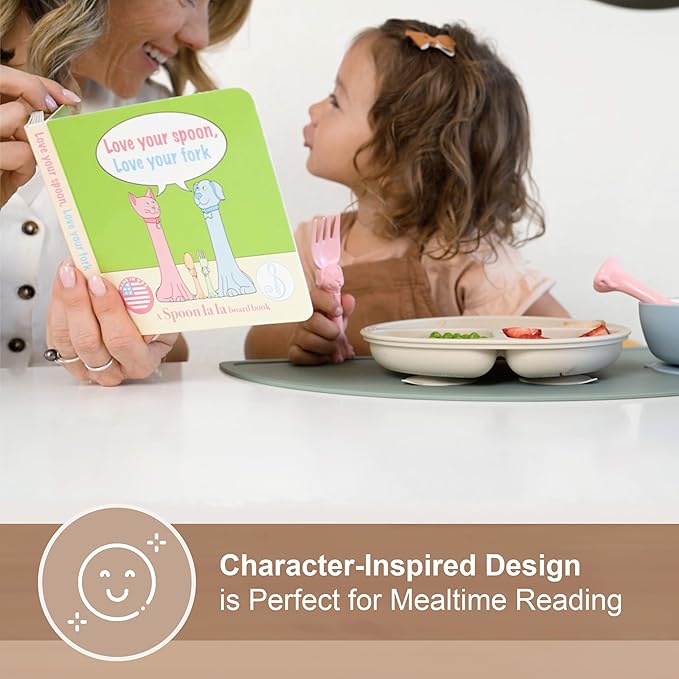 Made in USA Spoon la la Toddler Utensils Set (2 Pack) & Board Book - Spoon & Fork for Kids, Self-Standing 3D Ergonomic Cat & Dog Handles, BPA-free, Dishwasher Safe Baby Silverware (Pink)