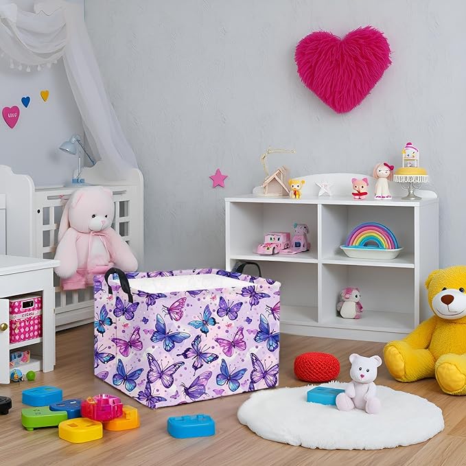 HIYAGON Rectangular Butterfly Basket Baby Storage Basket Storage Bin Organizer Box Room Decor(Purple Butterfly)