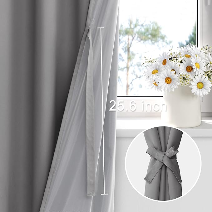 XWZO Complete Blackout Shades Window Curtain Panels with Tiebacks- Noise Reduction and Light Blocking Rod Pocket Curtains with Black Liner for Studio, Basement Room, Grey, W52 x L45, Set of 2