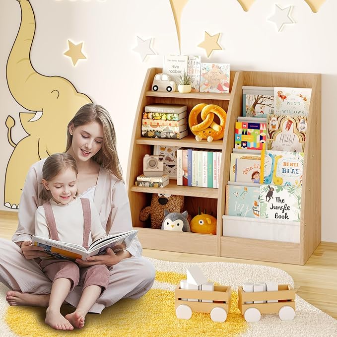 4 Tier Kids Bookshelf,4 Layer Sling Kids Book Shelf for Kids Rooms,Wood Children Bookcase,Baby Storage Book Rack,Toddler Bookshelf, Book and Toy Organizer,Book Display Shelf for Bedroom, Nursery