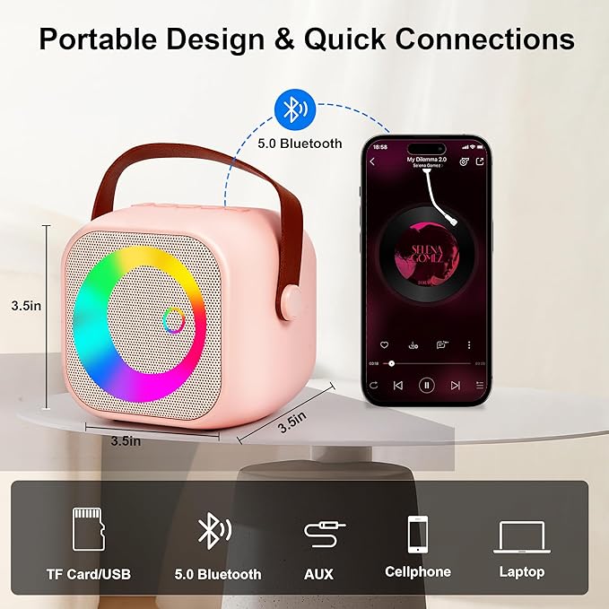 Portable Karaoke Machine with Bluetooth, Party Lights, 2 Wireless Microphones for Adults Kids Karaoke Speaker Birthday Gifts for Girls Boys Family Home Party (Pink 2 Mics)