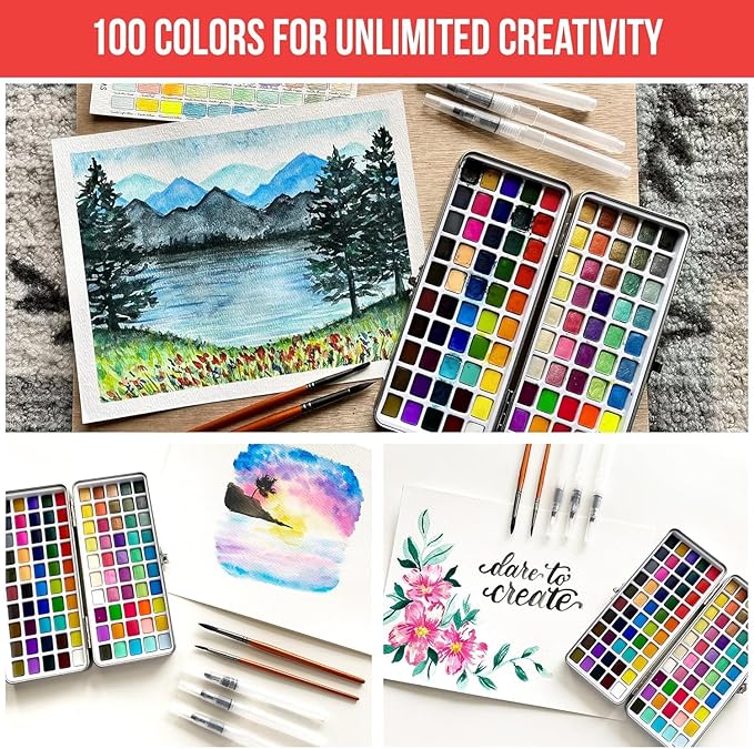 Premium Watercolor Paint Set Bundle with 100 Bright Colors & Paper Pad for Beginners & Professional – Painting Kit & Art Supplies for Adults – Travel Watercolor Set with Metallic Watercolor Paints