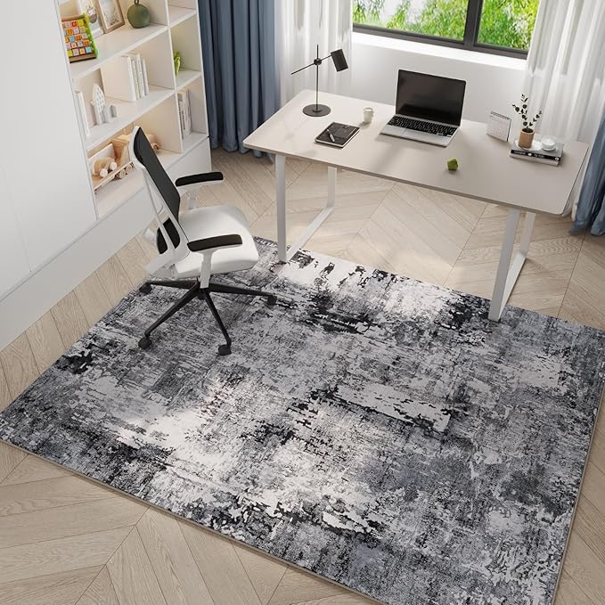 4x6 Rug Washable Boho Soft Area Rug Abstract Pattern Non-Slip Faux Wool Vintage Rug for Living Room, Bedroom Rug, Farmhouse, Dining Room, Kids Playroom, Grey and Black