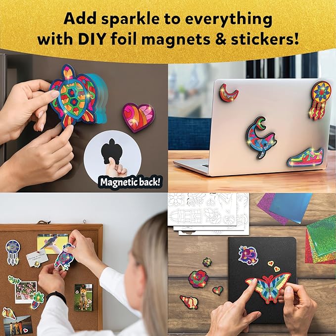 Skillmatics Foil Fun - Pretty Patterns, 18 DIY Magnets Mess-Free Art, Colorful Creative Party Activity, Craft Kits, 60+ Foam Stickers, Gifts for Kids, Teens, Adults, Families