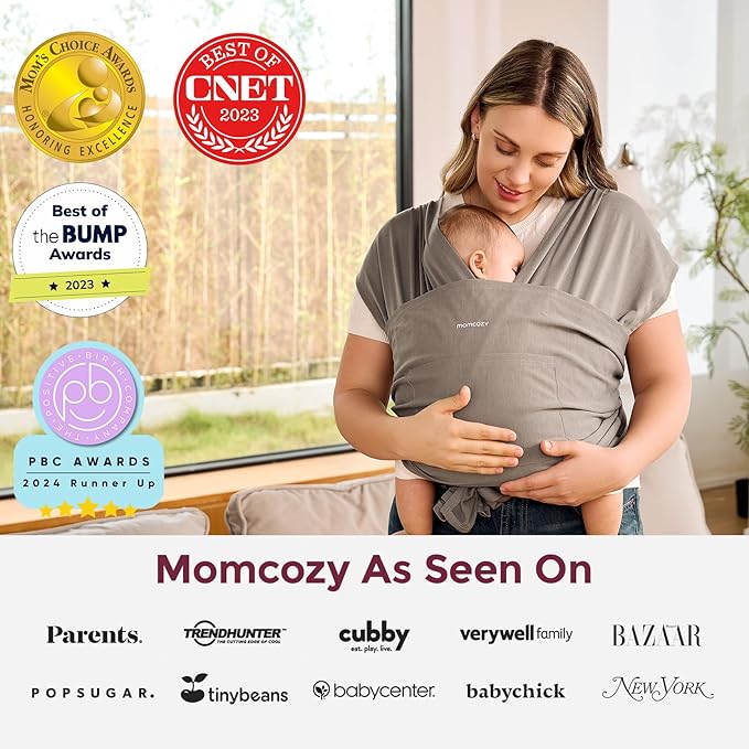 Momcozy Baby Wrap Carrier - Easy to Wear Infant Carrier Slings, Lightweight Hands Free Baby Sling, Adjustable Baby Carriers for Newborn to Toddler 8-35 lbs, Baby Wraps Carrier, Brown
