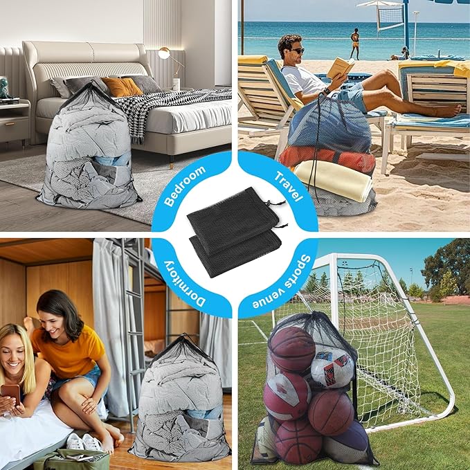 2 Pack Mesh Laundry Bags, Large Travel Laundry Washing Bags for Dirty Clothes Storage, 24" X 36" Washable Heavy Duty Laundry Net Bag With Drawstring for College Dorm, Hamper, Room, Laundromat (Black)