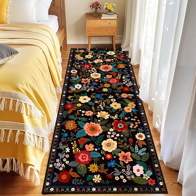 Floral 2x8 Area Rug Machine Washable Soft Print Boho Carpet Non Slip Doormat Low Pile Flower Area Rugs for Living Room Bedroom Nursery Kitchen Dining Room Indoor-Black