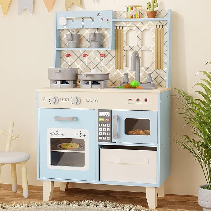 BIERUM Play Kitchen with Realistic Lights & Sounds, Wooden Kitchen Playset Chef Pretend Play Set for Toddlers, Toy Kitchen with 26 Pcs Toy Food & Cookware Accessories, Gift for Ages 3+