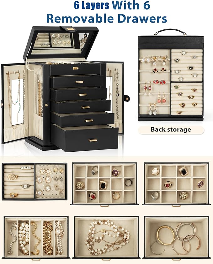 AKOZLIN Jewelry Box 6-Tier Organizer Functional 360° Rotating Jewelry Storage Case for Women Girls Ring Necklace Earring Bracelet Holder with Mirror