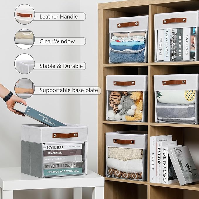 HNZIGE 11x11 Cube Storage Bins for Cube Organizer, Clear Fabric Storage Cubes for Storage Shelves, Collapsible Decorative Storage Bins for Clothes Closet Toys Cubby Storage Bin(White Gray 6 PCS
