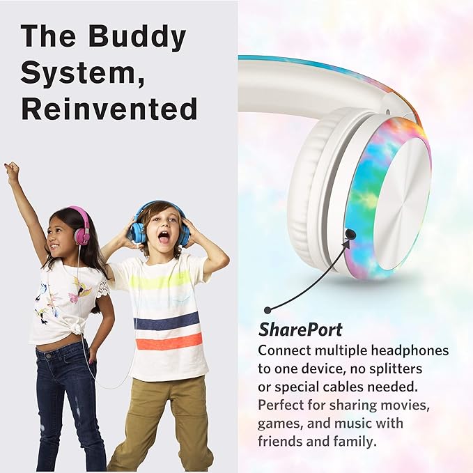 LilGadgets Connect+ Pro Kids Headphones with Mic and Cord, SharePort Technology, Over-Ear Foldable Headset, Volume Limit 93db, Wired Inline 3.5mm Jack for School - Tie Dye Rainbow Headphones for Kids