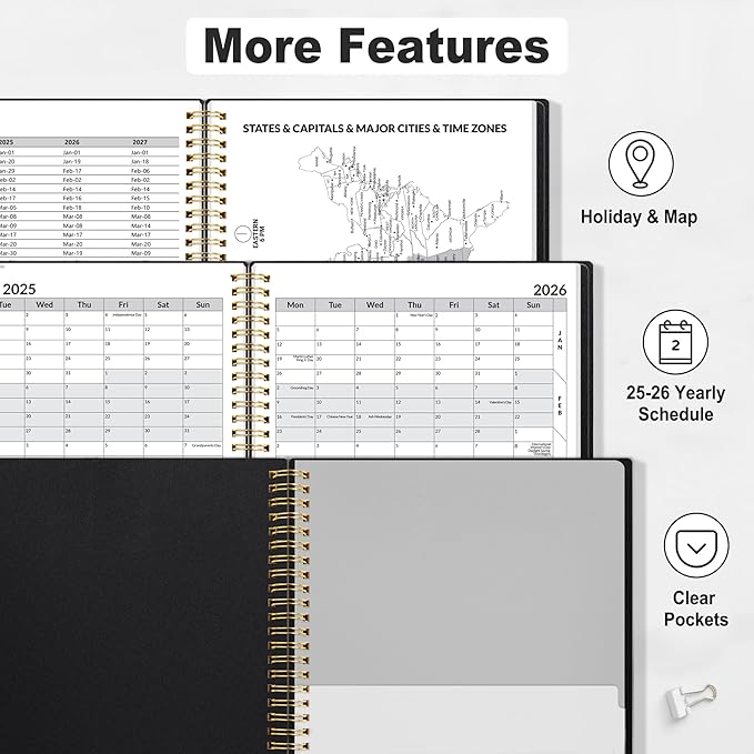 SUNEE Academic Planner 2025-2026 Weekly and Monthly, July 2025-June 2026, 8.5"x11", Tabs, Note Pages, Pockets, Bookmark, Flexible Cover, Spiral Binding, Black