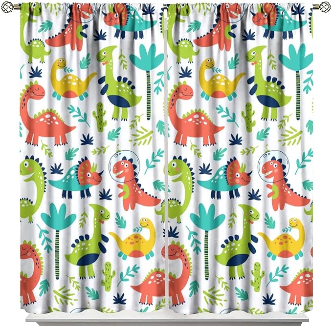 Rustic Dinosaurs Curtains Colorful Dino Kids Boys Cartoon Cute Cool Funny Decor Printed Blackout Rod Pocket Window Drapes for Living Room Bedroom W31.5xL72in 2 Panels