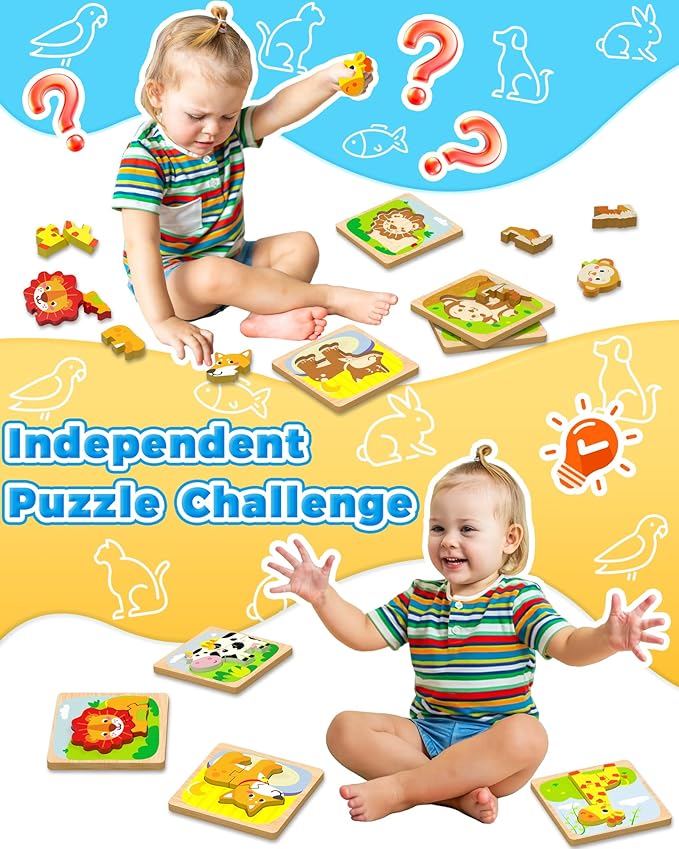 Benresive Wooden Toddler Puzzles, 4pcs Animal Montessori Toys for 1-3 Year Old Boys & Girls, Learning Educational Preschool Toys, Great Gifts for 1 2 3 Year Olds