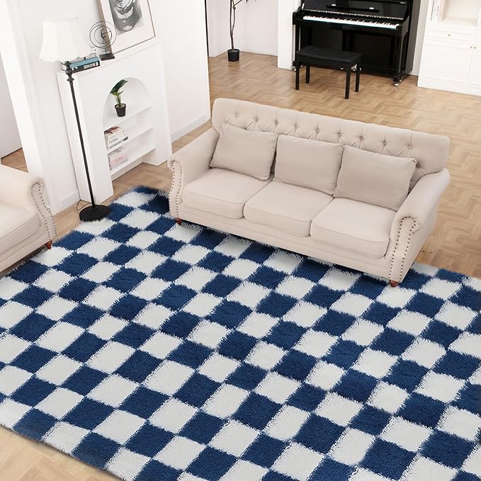 Super Soft Rug for Bedroom, 5x7 ft Blue and White Area Rug Classic Checkered Shaggy Anti-Skid High Pile Soft Fluffy Rug Fuzzy Carpet for Living Room Bedroom Kids Room Nursery, Dorm