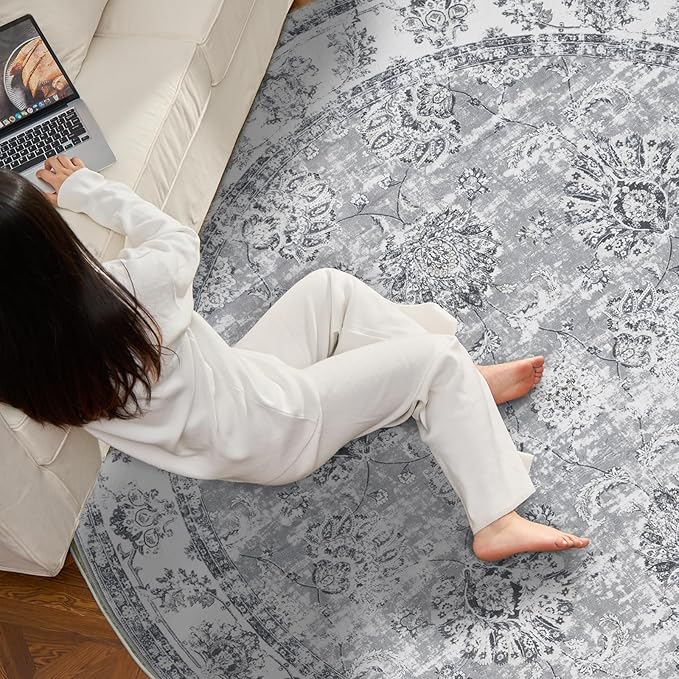 jinchan Round Rug 8ft Area Rug - Grey Vintage Floor Mat Kitchen Indoor Ultra-Thin Soft Floral Print - Washable Circle 8' Retro Accent for Farmhouse Non Slip Dining Room Living Room Bedroom Office