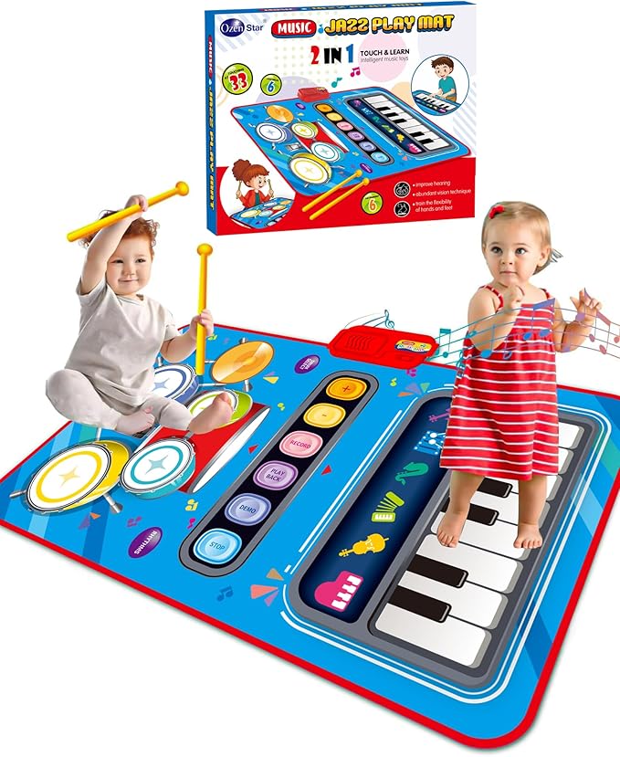 Toys for 1 Year Old Boy Gifts, Baby Musical Mat with Piano & Drum, Adjustable Volume, 12-18 Months Toddler Toys, Christmas Birthday Easter Gifts for 1-2 Year Olds Boys Girls (Blue)