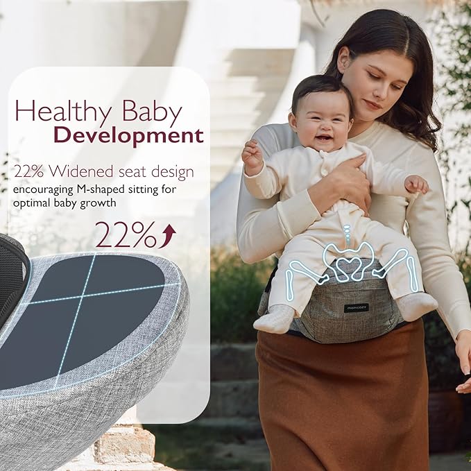 Momcozy Hip Seat Baby Carrier - Adjustable Waistband with Original 3D Belly Protector, Ergonomic Carrier with Various Pockets for Toddlers up to 45lbs (Grey, Medium 27-45IN)